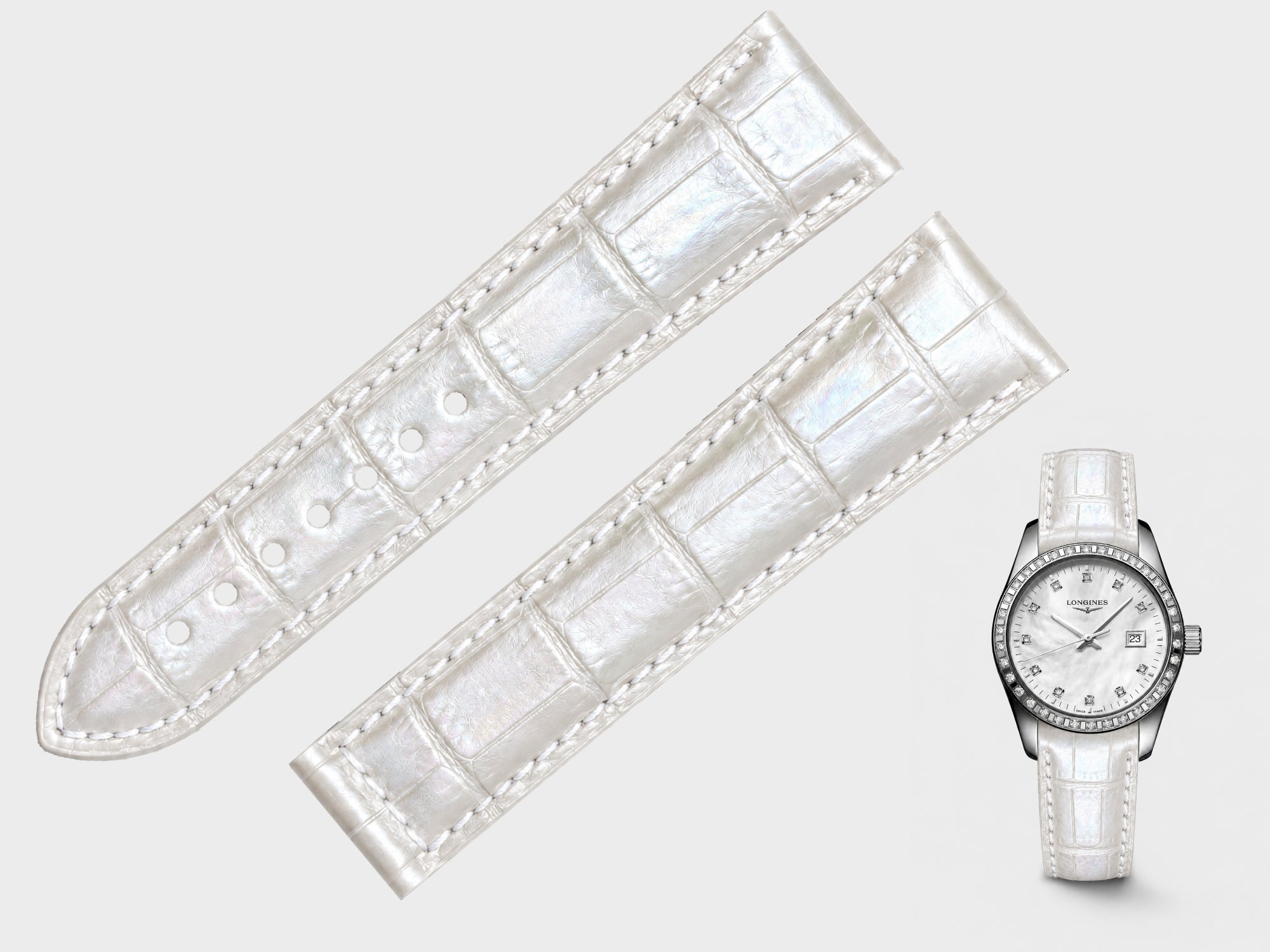 【FOBO 職人高訂】Longines 浪琴征服者經典系列代用錶帶｜珍珠白頂級尼羅鱷魚皮款（珍珠母貝表盤專屬）