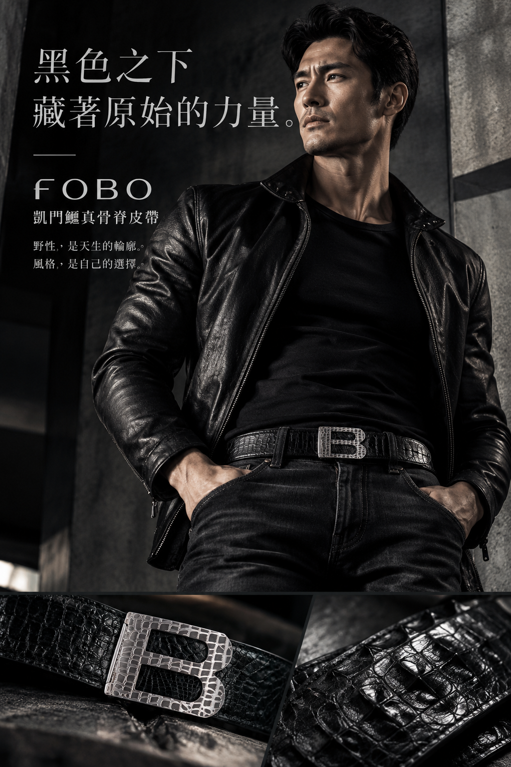 【FOBO】凱門鱷魚真骨脊男士皮帶 3.8cm｜經典霧黑真鱷魚皮帶・台灣製作